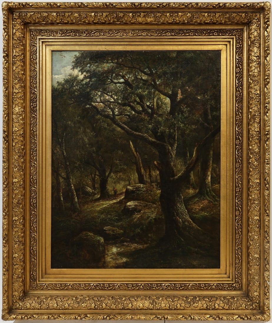 JOSEPH THORS (BRITISH, 1835-1920).: 'A Woman Collecting Sticks in a Rocky Forest'. Oil on canvas. Signed lower right. Property from a Astoria, Queens, NY estate. Dimensions. 35.75" h x 28" w. Frame: 50.50" h x 42.50"