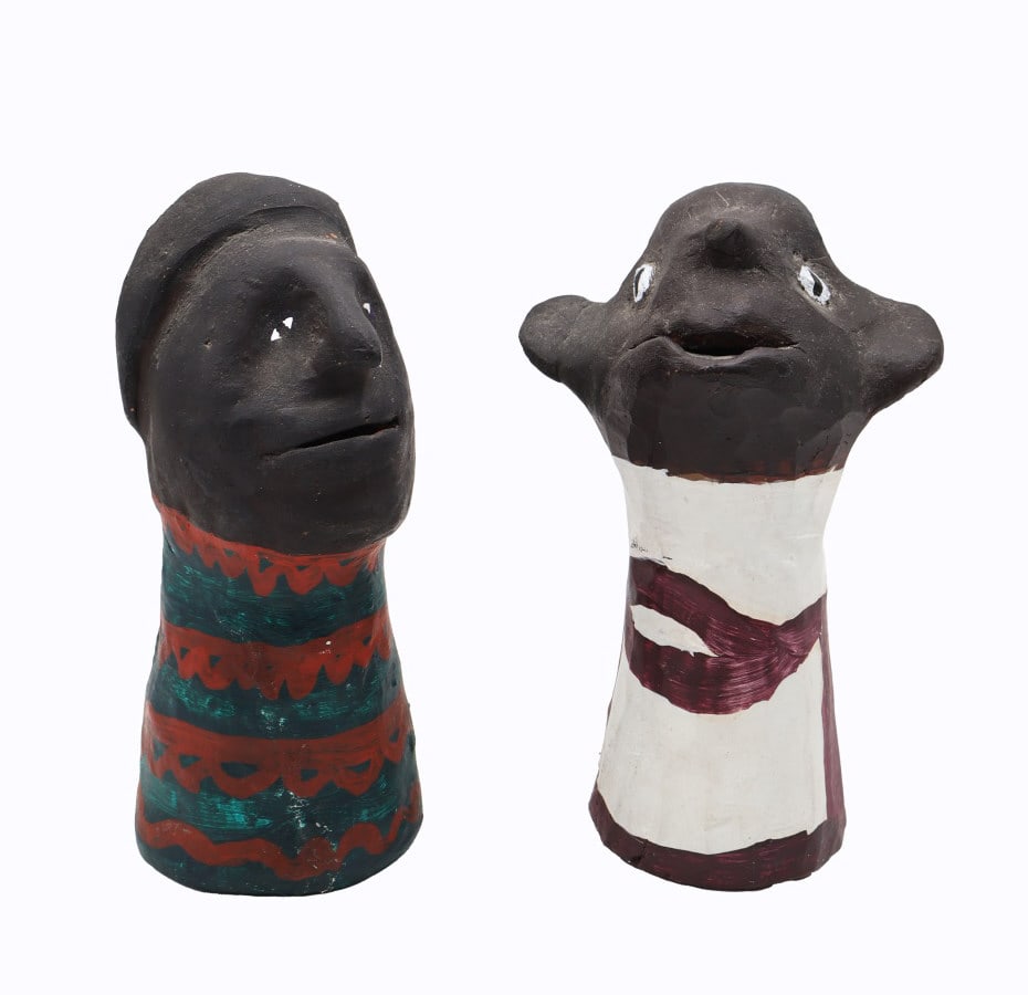 LOUISANE SAINT FLEURANT (HAITIAN, 1924-2005) [2].: Two Figure Sculptures. (i) No. 17. (Figure with Large Ears) 1980. Painted clay. Signed, numbered, and dated internal rim. (ii) No. 25. (Figure in Green and Red Strips). Painted clay. Signed and number
