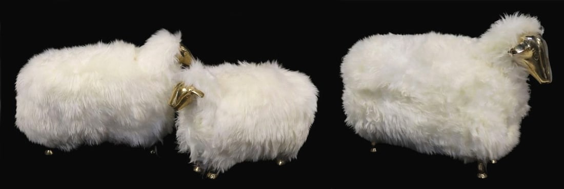 After François-Xavier Lalanne Sheep Family.: Lot of 3 sheep with bronze faces and feet. From a Manhattan, NY estate. Dimensions: sheep measure approx. 16" x 24" x 11", 14" x 19.5" x 10", and 23" x 33.5" x 