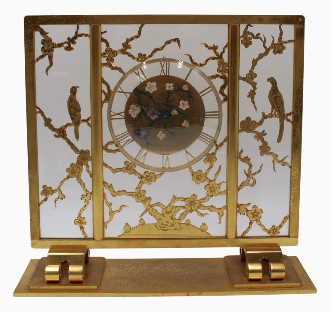Rare LeCoultre Gilt Bronze Indian Tree Pattern?: Clock. From an East 85th St NYC estate. - Dimensions: 11.5" x 12.5" x 3.75" d