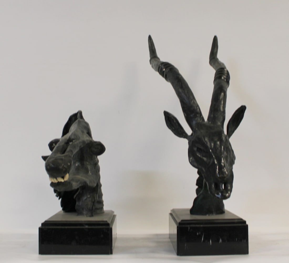 2 Vintage Patinated Metal Animal Skull Sculptures.: Well executed, large and on marble bases. From a Stamford CT estate. - Dimensions: 34" x 28" & 20" x 28"