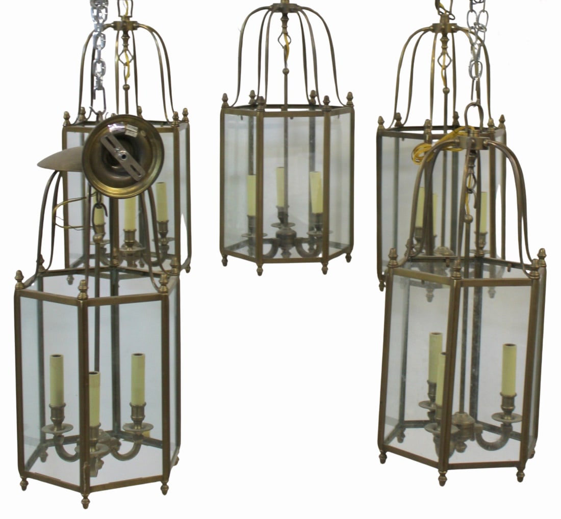 5 Vintage Gilt Metal Hurricane Chandeliers.: Nice quality. From a Queens NY estate. - Dimensions: 26" x 12"
