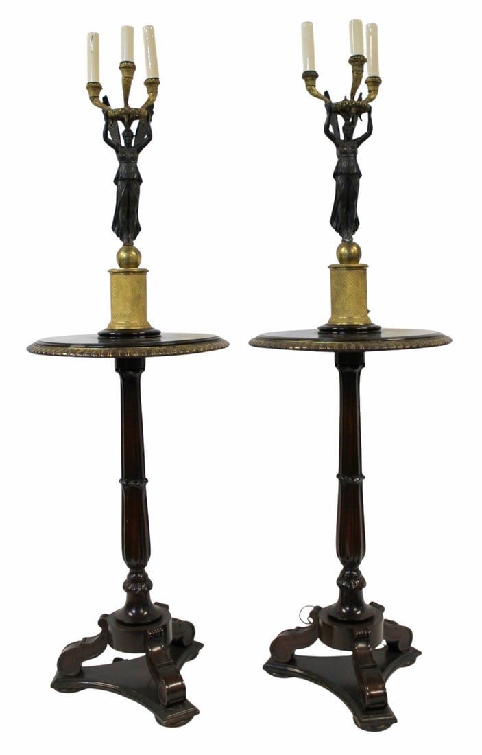 Fine Pr of Bronze & Mahogany Figural Lamp Tables.: The best of quality patinated and gilt bronze empire Figural lamps mounted professionally on mahogany tables. The wiring goes through table pedestal and the table has a bronze trim. From a Huntington,