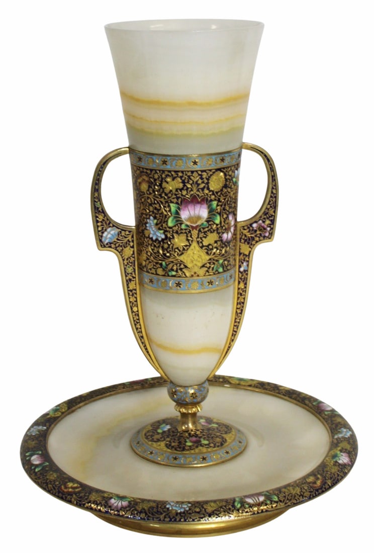 Antique Bronze Onyx Enameled Vase.: 1 piece with beautiful enamel work. From a Central Park NYC estate. - Dimensions: 12" x 9.5"