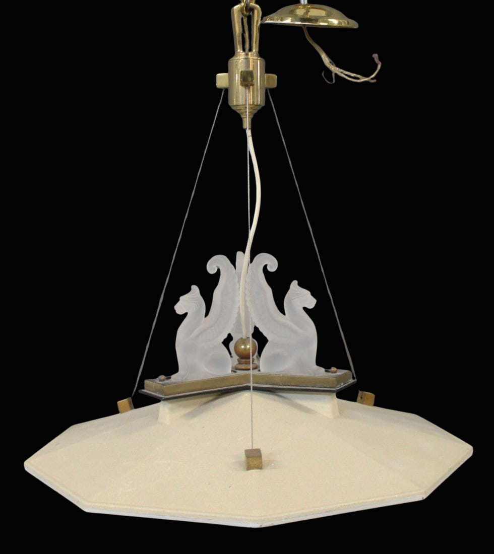 After Charles Hollis Jones Vintage Chandelier: Good large size, 9 sided with quality brass trim and Lalique Style Winged Griffin decoration. From a CT estate. - Dimensions: approx. 26" x 24"