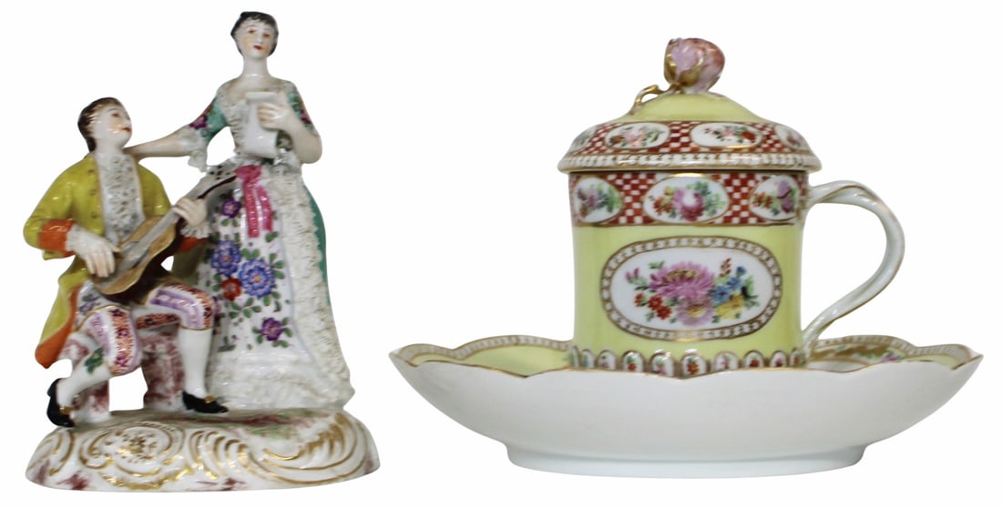 MEISSEN Porcelain Lidded Cup & Underplate: Together With A Figurine. Dimensions: underplate 8.5" and lidded urn 8.5" From a Huntington LI estate.