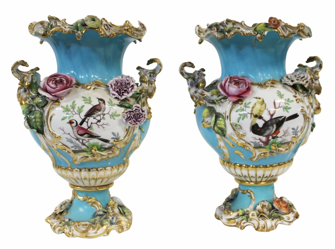 MEISSEN Large Pair of Porcelain Planters.: Large with flower, leaf and paint decoration , marked on the base, paint and floral decorated. From a Huntington, Long Island estate. - Dimensions: 14" h x 11"dia