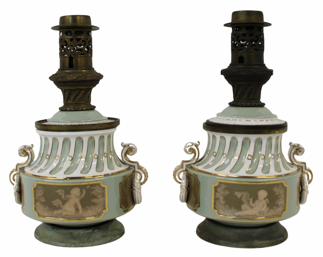Pair of Rare Minton Lamps.: From a Hamburg, NJ estate. - Dimensions: 8.25" h to finial 14.25" h