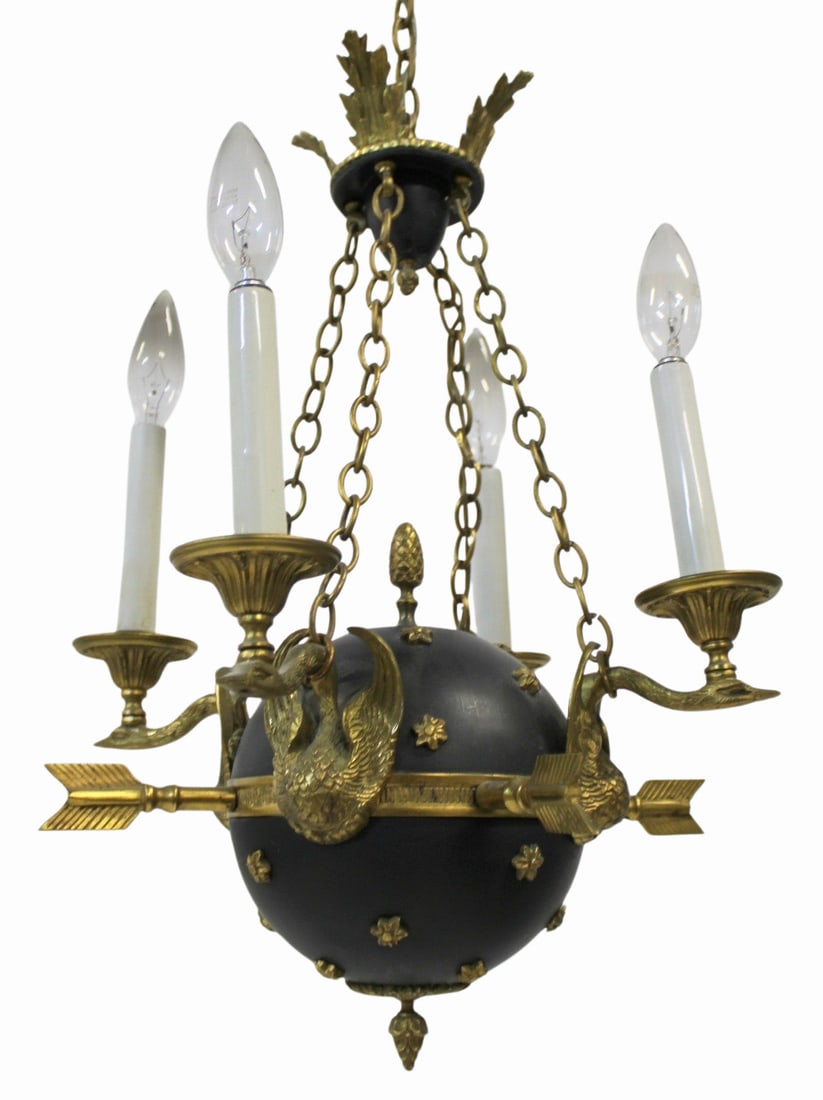 Empire Gilt & Patinated Bronze Ball Chandelier.: Nice quality, hallway size, ball form with gilt arrow and swan decoration. From a Park Ave NYC estate. - Dimensions: 19" h x 13.5"