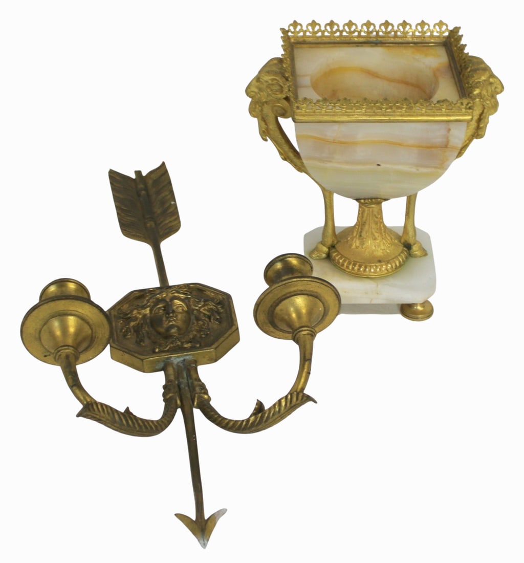 Bronze Grouping Inc. an Onyx Urn & Single Sconce: The urn bronze mounted with Rams heads and the sconce arrow and plaque. From an east 79 st NYC estate. From a Manhattan, NY estate. - Dimensions: A 17"x9" U 8"x8"