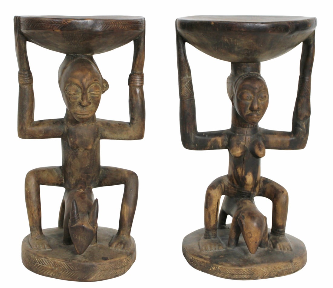 2 Antique Luba Caryatid Stools.: From a Park Ave, NYC collection. - Dimensions: 19.5" h x 10.25" dia