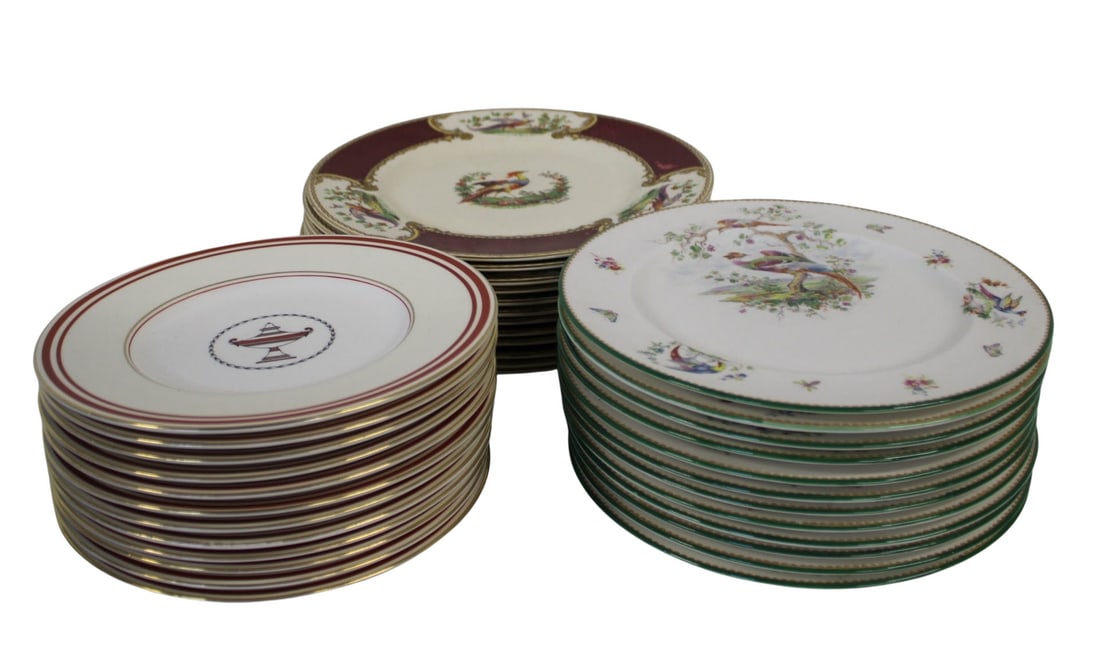 Royal Doulton, Minton & Staffordshire Porcelain: 12 Plates of each: Royal Doulton 9.5" , Minton 9" and Staffordshire 10.75". From a CT estate.