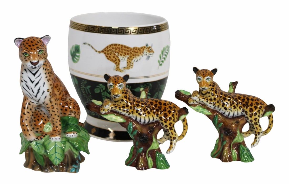 3 Lynn Chase Leopards & A Wastebasket: From a Westchester NY estate. Dimensions: Leopards 6.75" h and 9.75" h; Wastebasket 9.5" h x 7 dia