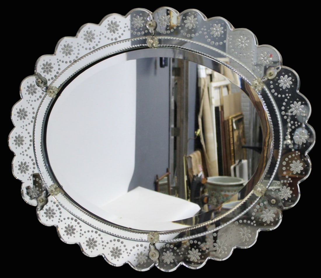 Vintage Venetian Style Oval Etched Mirror.: From a Huntington LI estate. - Dimensions: 30" x 36"