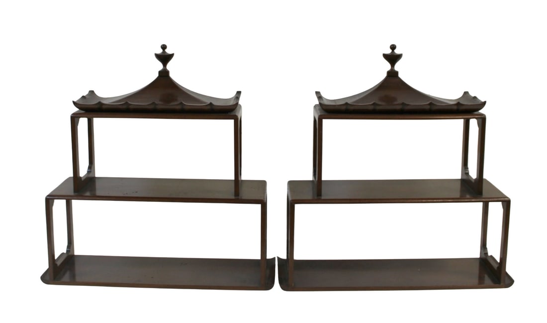 A Pair Of Mahogany Pagoda Form Wall Shelves.: From a Huntington LI estate. - Dimensions: 26" x 26" x 8" d