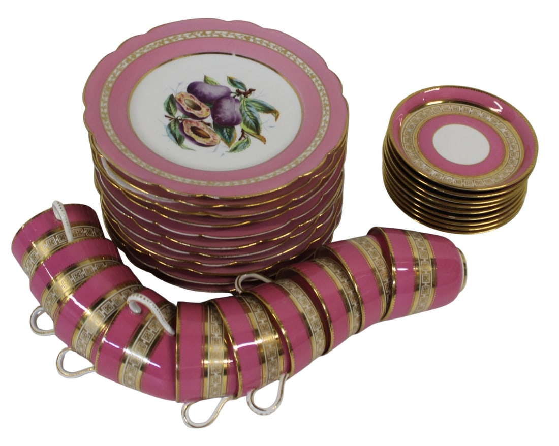 Lot Of Antique Continental Porcelain: To include 11 plates (8.5"), 10 cups and 9 saucers(5.5"). From a Westchester NY estate.