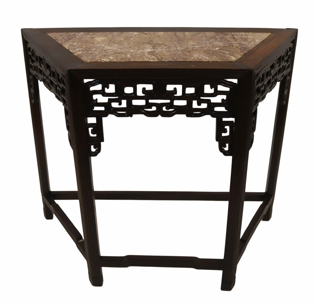 Chinese Marble Top Trapezoidal Hardwood Table.: From a Rye, NY estate. Dimensions: table measures approx. 40.5" x 18" x 33.75".