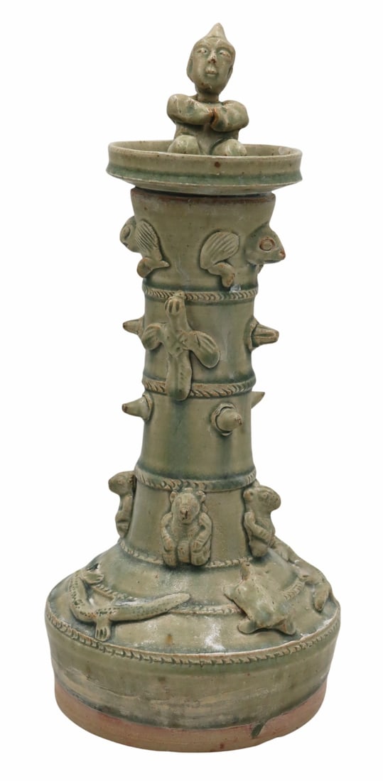 Chinese Celadon Glazed Funerary Vessel.: Chinese tall celadon glazed funeral vessel with applied animals and a figural finial. Possibly Song dynasty. Lid appears to have been glued to body. From an East Meadow, NY estate. Dimensions: vessel