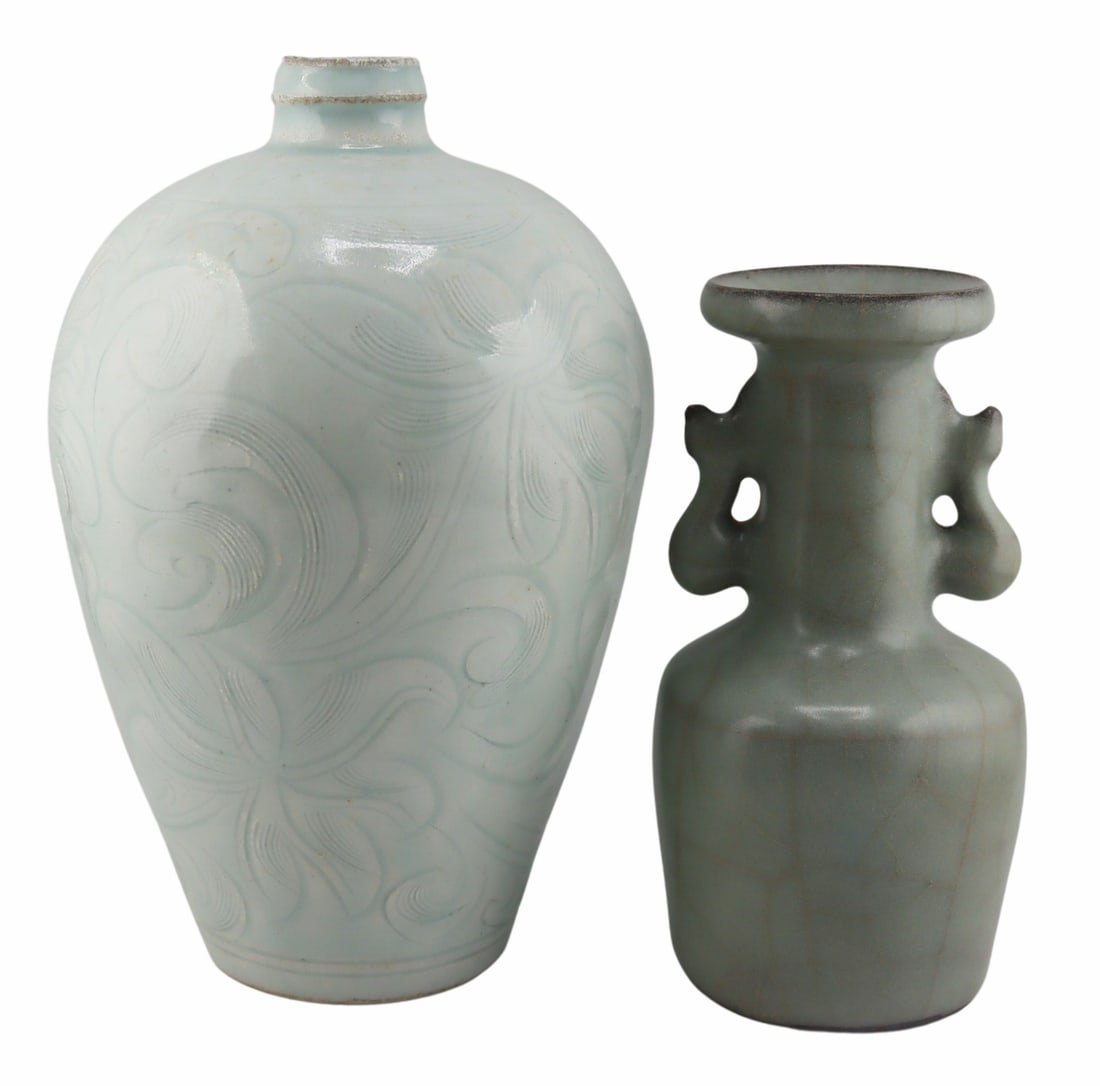 (2) Chinese Longquan and Qingbai Vases.: Includes a Chinese Longquan celadon crackle glaze mallet-shaped vase with shaped handles; and a Chinese qingbai incised floral Meiping vase, possibly Song dynasty. From an East Meadow, NY estate. Dime