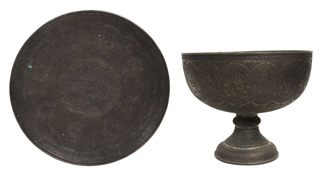 Large Persian Tinned Copper Pedestal Bowl and Tray: With etched decoration throughout both. Probably Qajar dynasty. From a Manhattan, NY estate. Dimensions: charger measures approx. 28.75" in diameter; pedestal bowl measures approx. 20.75" x