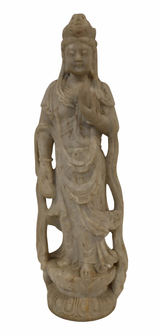 Chinese Carved Marble Sculpture of a QuanYin.: Chinese carved marble sculpture of a QuanYin standing atop a double lotus base. From an E 72nd St, Manhattan estate. Dimensions: Quanyin measures approx. 29" h.