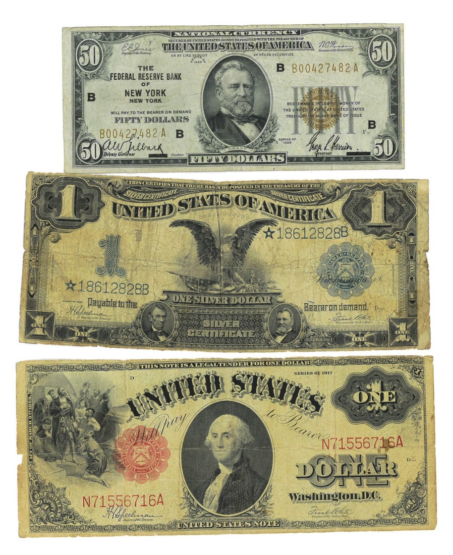 NOTAPHILY. (3) Asstd. Bank Notes Incl. FRBN.: Including a series of 1929 FRBN New York Fr# 1880-B, (BA Block) S/N B00427482A, pp F, Plate # F14/ 51, Jones / Woods - Gilbart / Harrison; a series of 1899 Silver Certificate Fr# 236*, Star Note, S/N