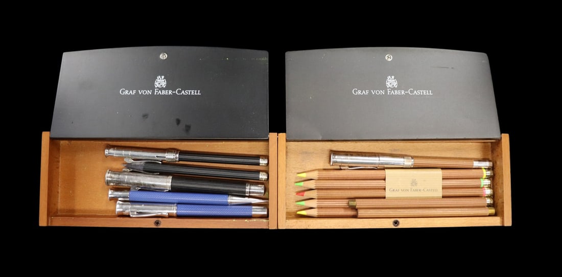 Assorted Graf von Faber-Castell Pencils and Pens.: Including (1) Rollerball pen Classic with an ebony barrel; (1) Pencil Extender with (2) pencils; (1) Perfect Pencil with (3) pencils; (1) two-piece set comprised of a Propelling pencil and Rollerball