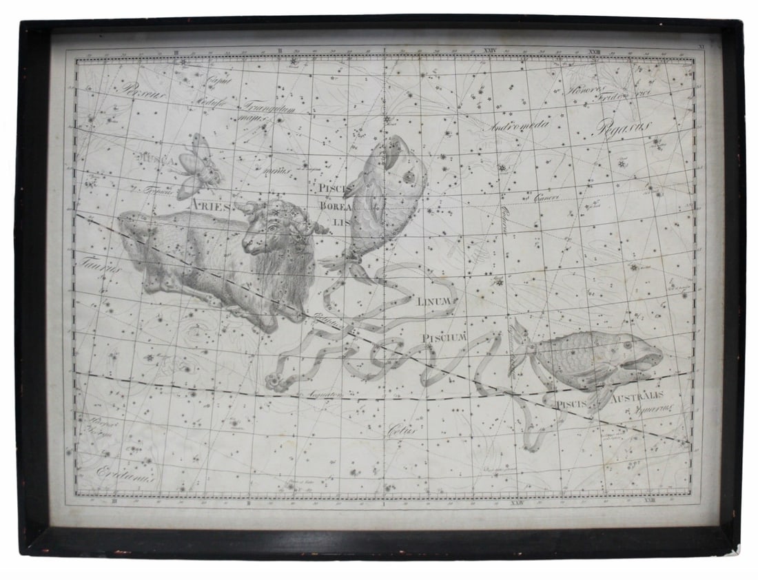 Antique Star Atlas Constellation Map Bode Aries: A plate from the 1801 (?) "Uranographia" by Bode. This image shows Aries, Piscis Borea Lis, and Piscis Austrailis. - Dimensions: 26" x 34" Framed