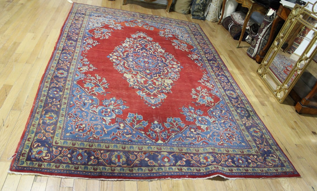 Vintage And Finely Hand Knotted Carpet.: Good size, bright with border and center medallion. From a Florida estate. - Dimensions: 7ft 2" x 11ft 3"
