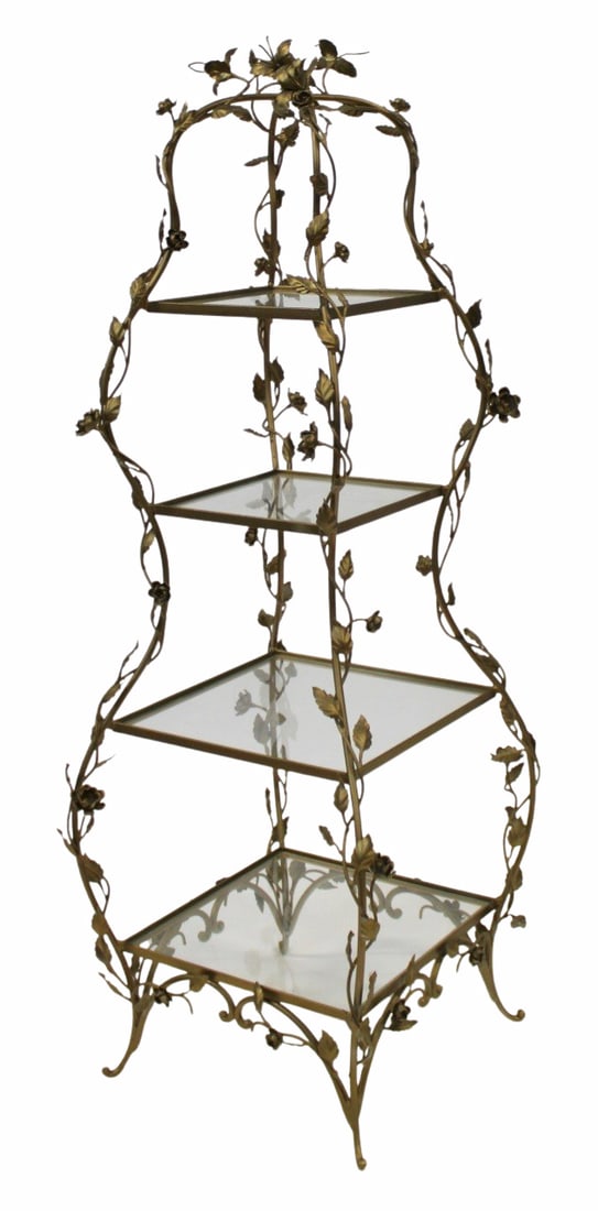 Vintage Gilt Metal Floral Decorated Etagere.: Good large size, quality and with glass inserts. From a Yonkers NY estate. - Dimensions: 55.5" h x 19" x 19"
