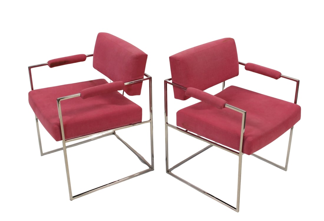 Milo Baughman Thin Line Chairs: Chrome frames and pink upholstery .From a Westchester estate - Dimensions: 29"X22"X21"