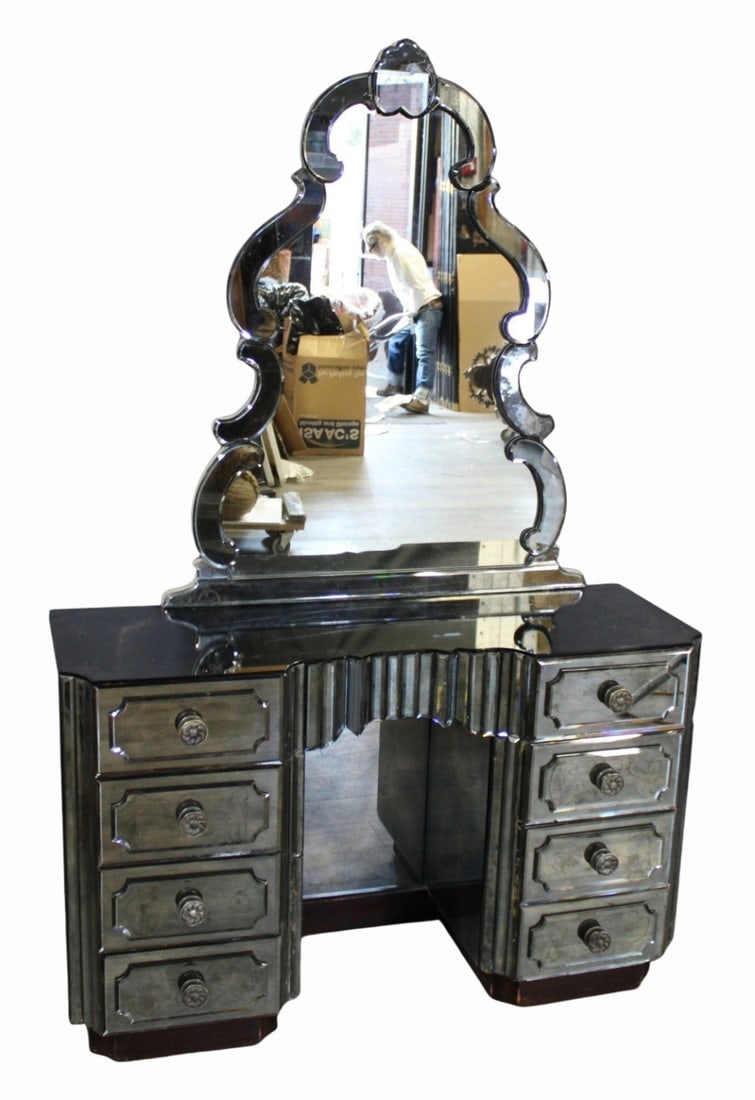 Midcentury Venetian Style Mirrored Vanity.: The best of quality with smoke glass and great lines. - Dimensions: 55" x 40" x 18"