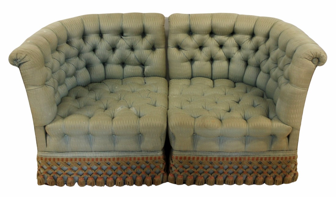 Art Deco Pair of Upholstered Boudoir Chairs.: From a Huntington, Long Island estate. - Dimensions: 31"H x 42" x 29"