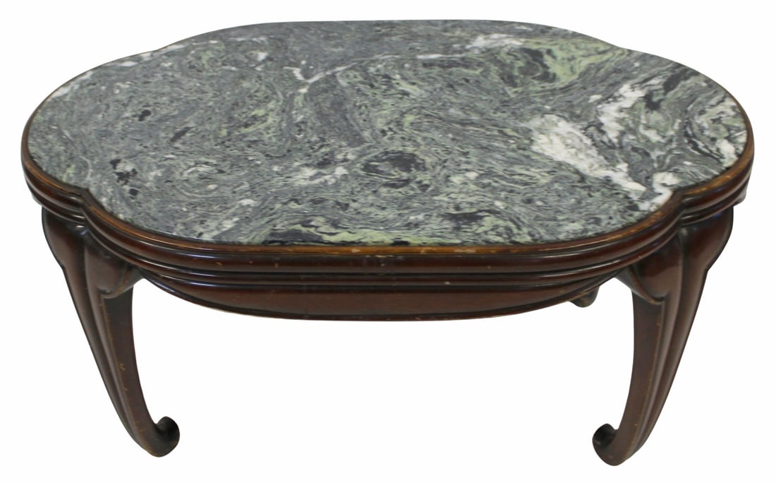 Vintage Asian Style Hardwood Marbletop Table.: Great lines on the table and the marble has great color. From a Huntington, Long Island estate. - Dimensions: 18"x36"x22"