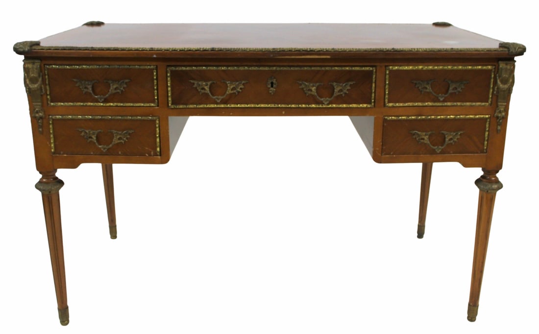 Vintage Louis XV1 Style Bronze Mounted Desk.: Nice quality with a banded satinwood top. From a Long Island, NY estate. - Dimensions: 30" h x 48" h x 25.5" d