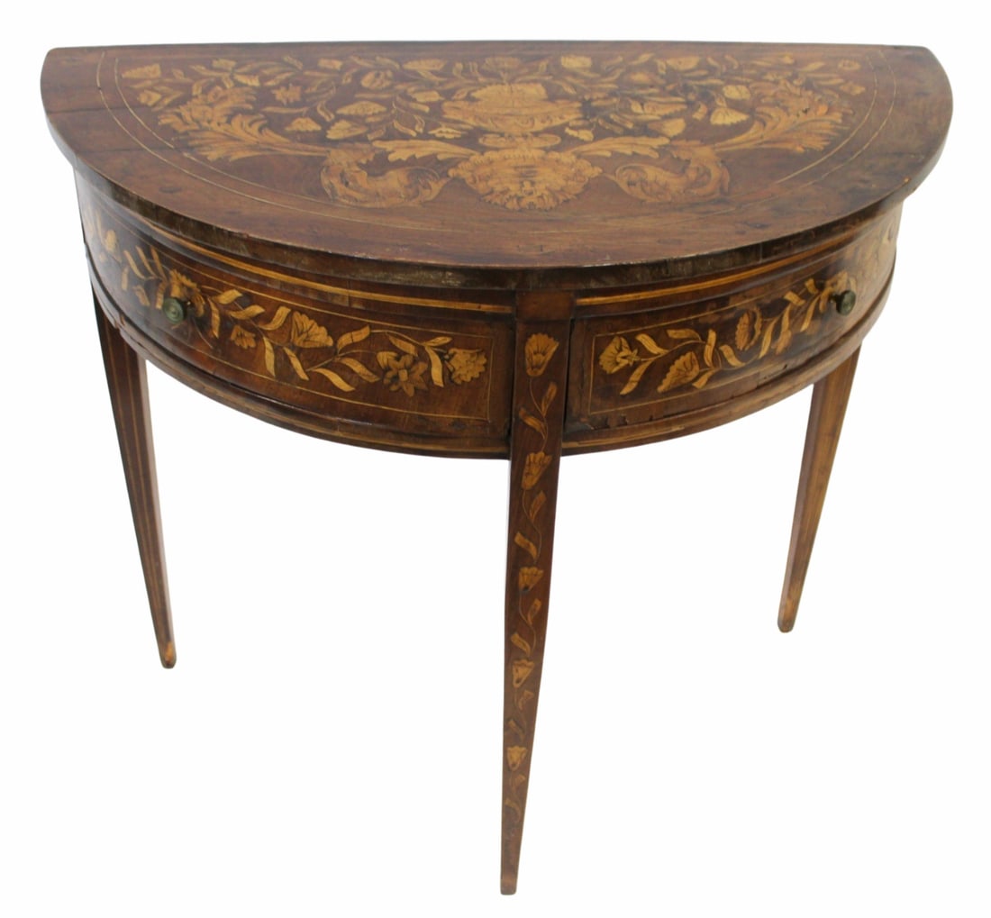 Antique Continental Marquetry Inlaid Demilune: Table. 2 drawer table with inlay. From a Westport, CT estate. - Dimensions: 29" h x 31" w x 16" d.