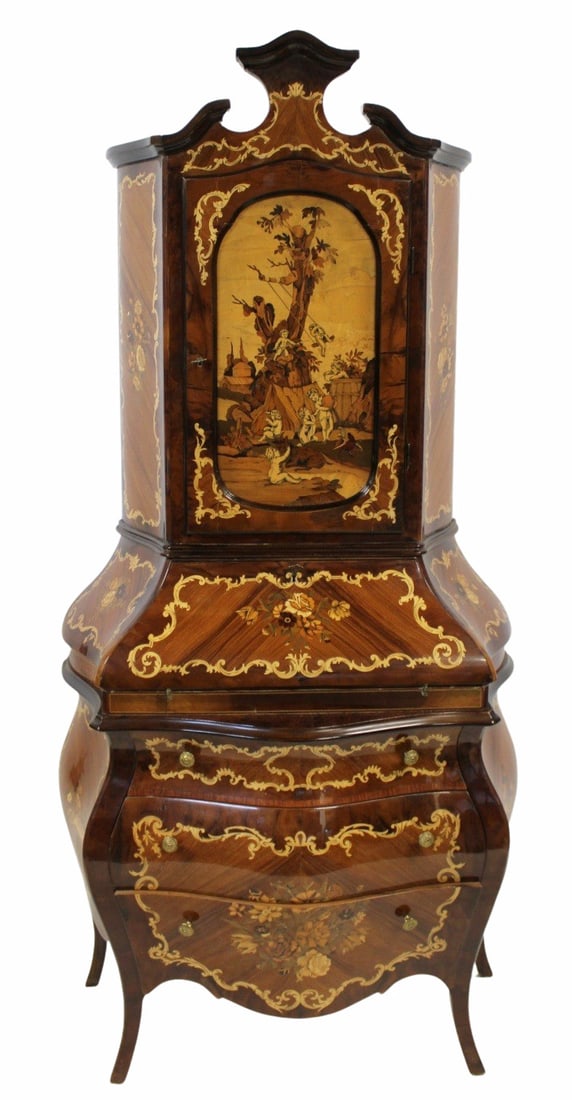 Vintage Inlaid Italian Desk With Bombe Base.: Nice quality, inlaid all over and with 1 door and slant front. From a Yonkers NY estate. - Dimensions: 79" h x 37.25" w x 17.5" d