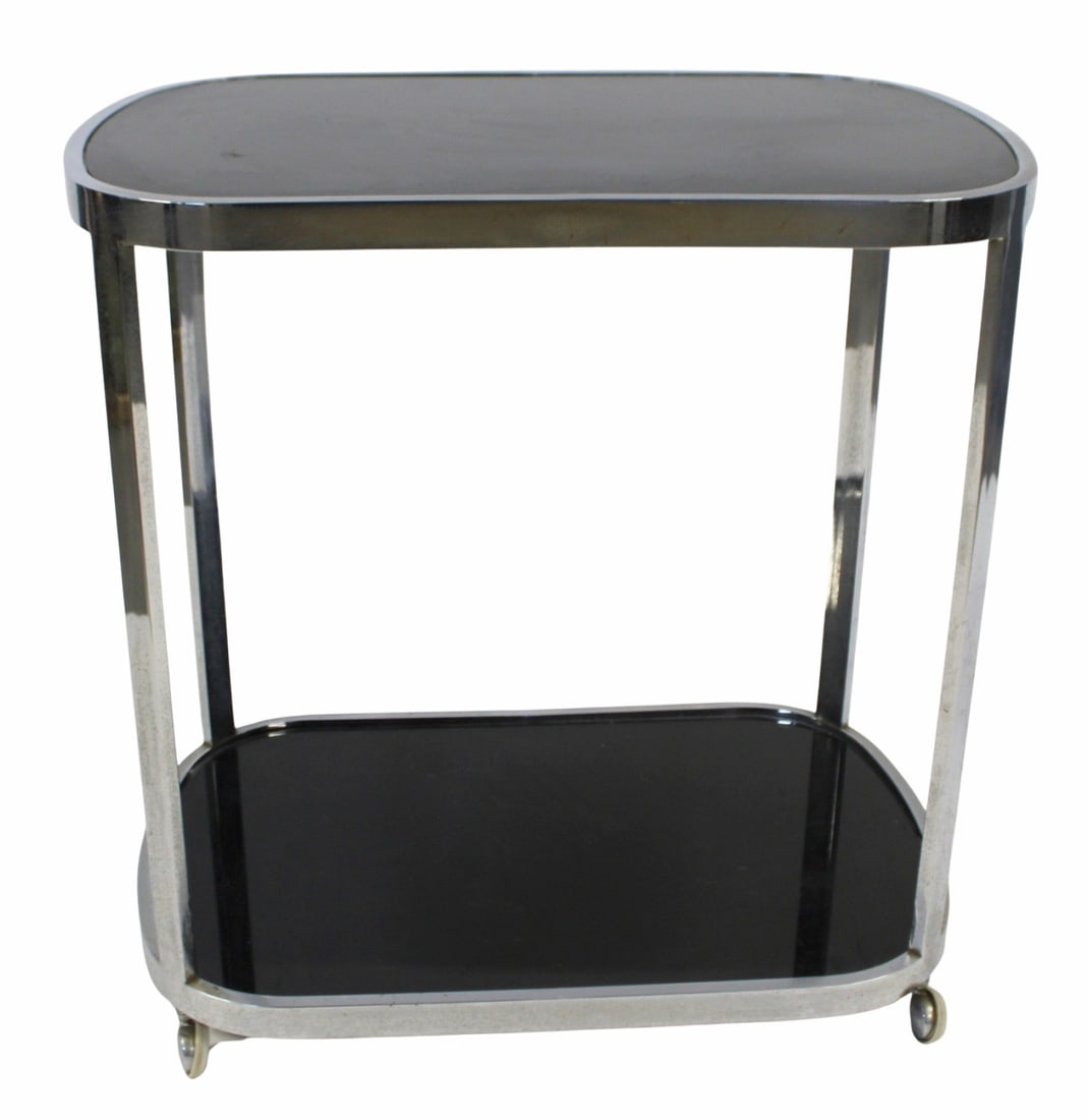 Vintage Chrome Serving Cart W/Black Glass Inserts: From a Spring Valley, NY estate. - Dimensions: 32" h x 32" w x 20.5" d.