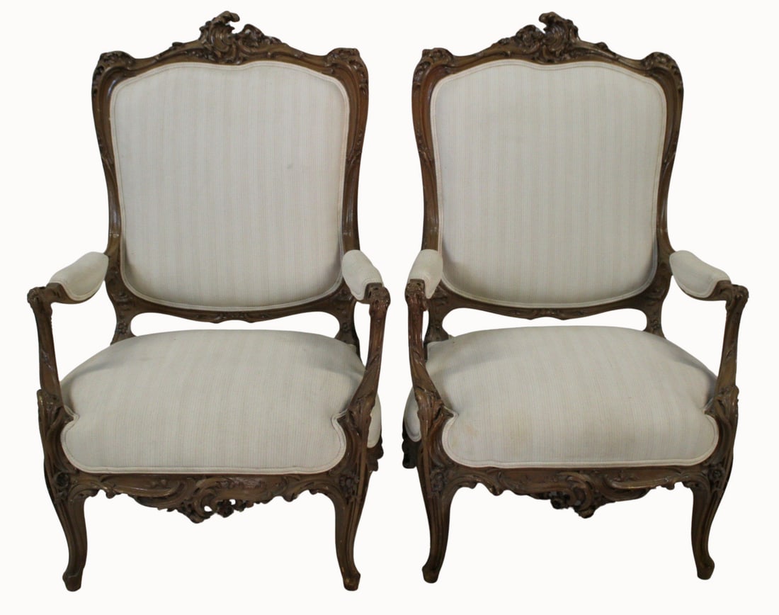 Fine Pair Of Louis XV Finely Carved Throne Chairs: Extra large and finely carved. From a Port Chester, NY estate. - Dimensions: 50" h x 31.5" w x 26.25" d