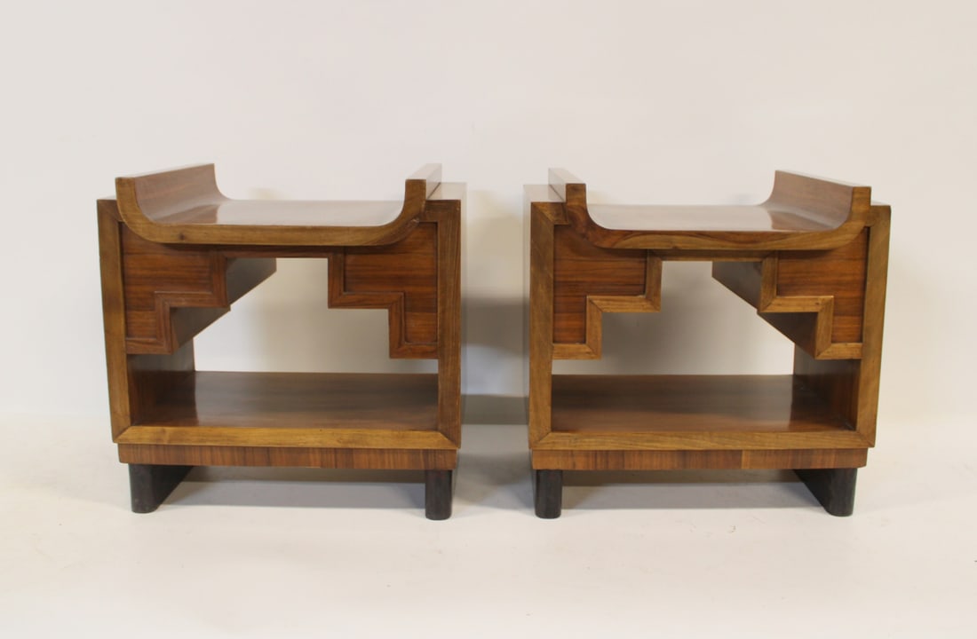 A Pair of Walnut Art Deco Side Tables: Great looking pair with nice lines and grain .From a New Rochelle NY estate. - Dimensions: 19" x 14" x 20"