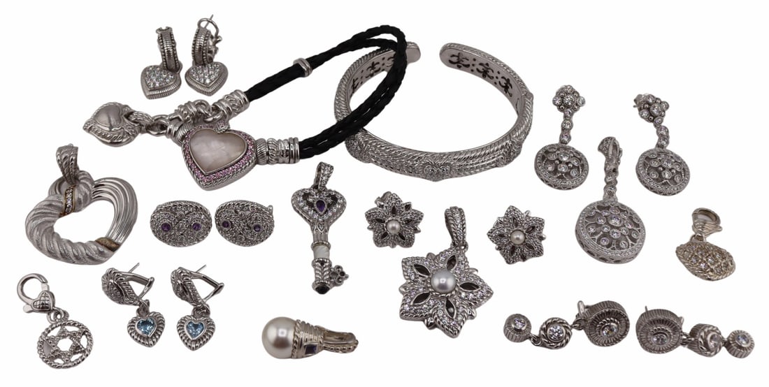 JEWELRY. 15 Pc. Collection of Judith Ripka Jewels.: Includes a Judith Ripka sterling and CZ openwork heart pendant; a 3 pc. Judith Ripka sterling and CZ star form suite including a pendant and a pair of earrings; a 3 pc. Judith Ripka sterling and CZ su