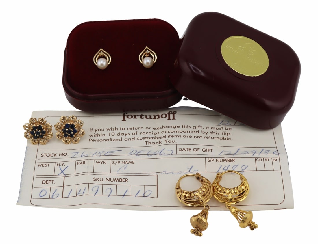 JEWELRY. (3) Pair of Gold Earrings Inc. 21kt.: Includes a pair of 21kt yellow gold pierced hoop earrings with drop pendants - stamped to the interior of each hoop; pair of 14kt yellow gold pearl and diamond pear form earrings with 14kt yellow gold