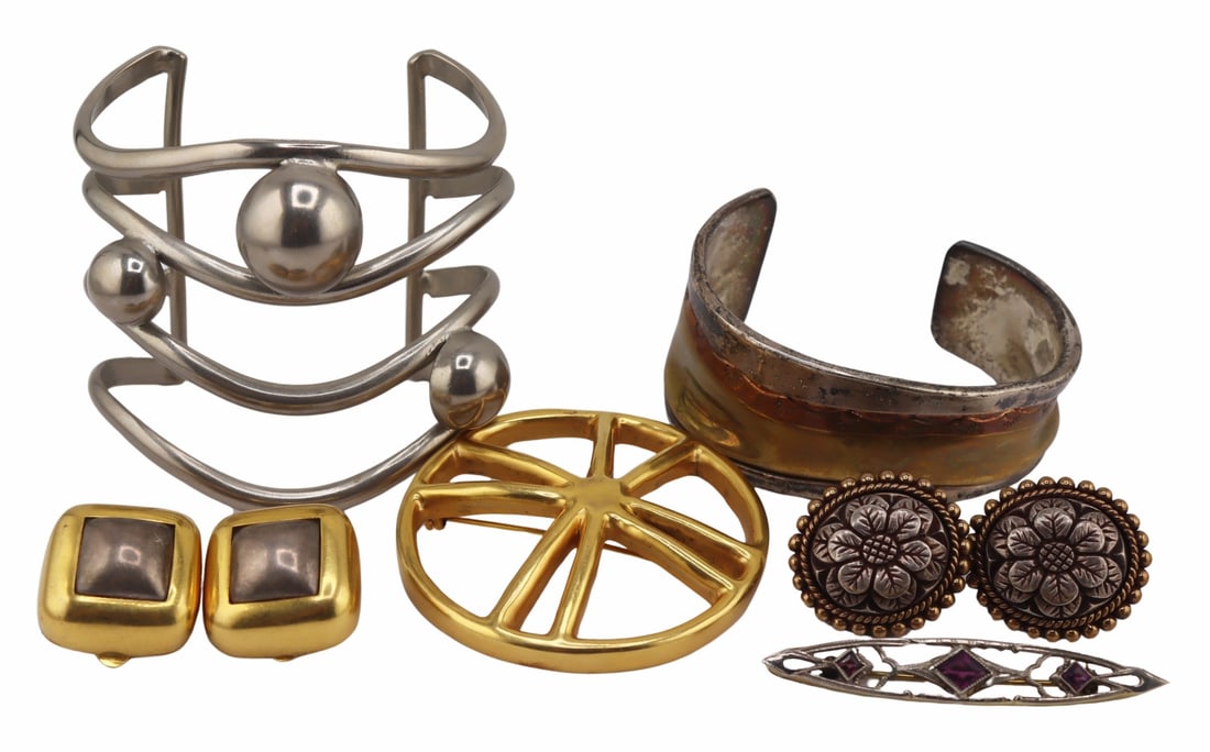 JEWELRY. Collection of Silver and Costume Jewelry.: Includes a Gianni Versace Italian silver-tone cuff bracelet - marked to the interior; a pair of Stephen Dweck bi-color floral ear clips; a signed RAM sterling and solid brass cuff bracelet; a pair of