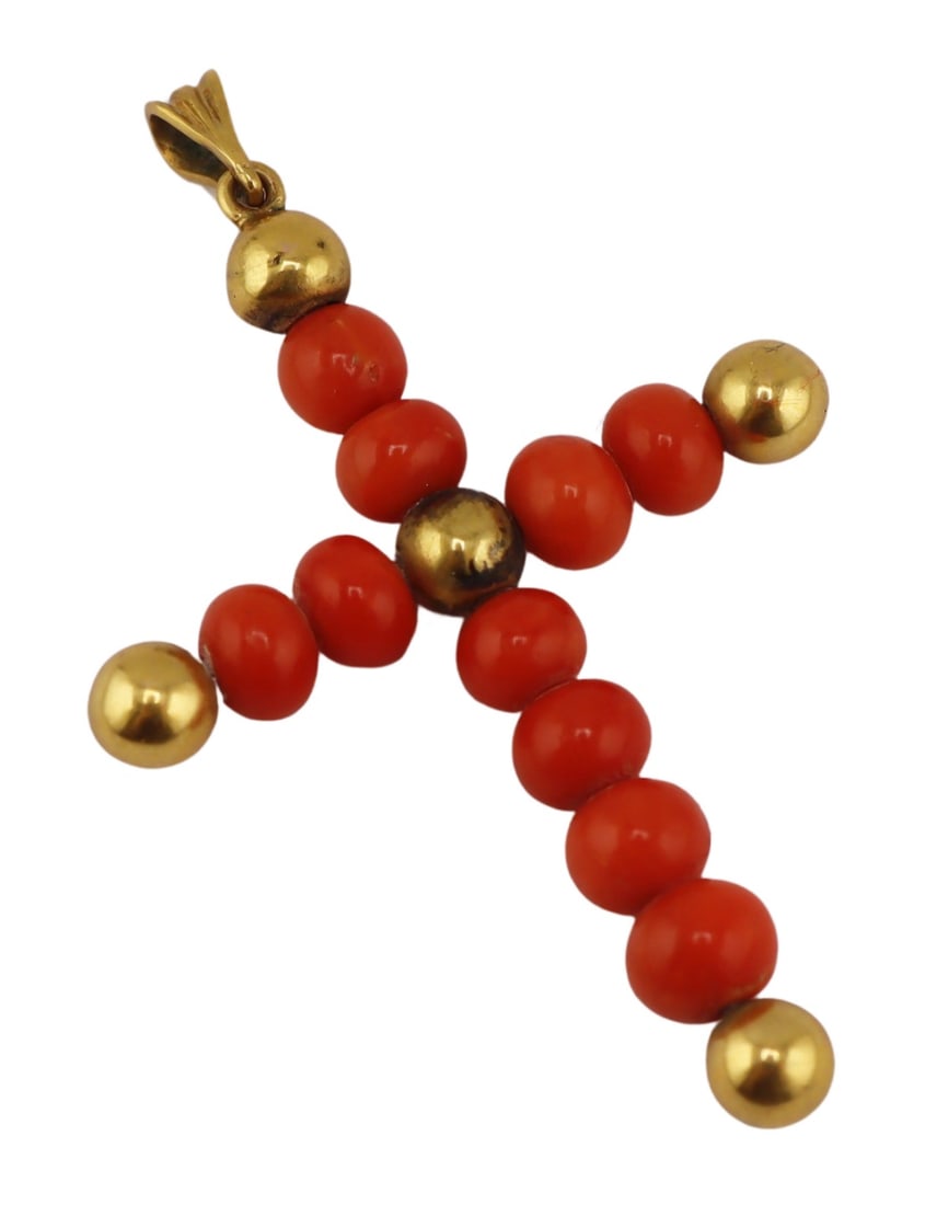 JEWELRY. Victorian Salmon Coral Cross Pendant.: A Victorian cross pendant displaying a total of (10) salmon coral beads and (5) 13k gold-tone beads, suspended from a 17k yellow gold tapered bail. The cross is rigid and most likely fitted with an in