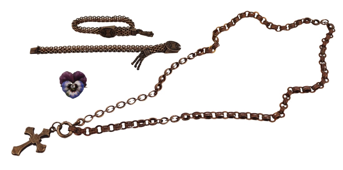 JEWELRY. Collection of Victorian Jewelry.: Includes a pair of Victorian gold-filled baby bracelet with oval clasps accented by taille d'epergne enamel work and tassel accents - inscribed, "Cecil" to the underside of each clasp; a Victorian 14k