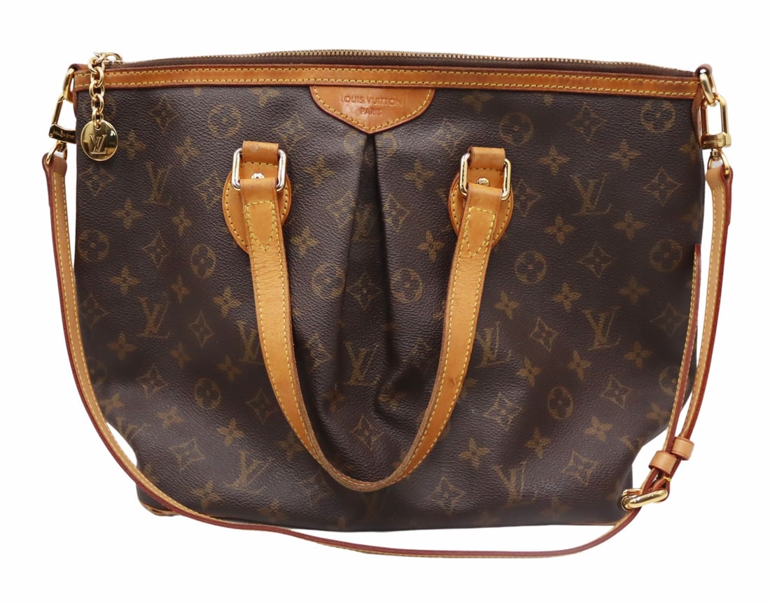COUTURE. Louis Vuitton Palermo Monogrammed Purse.: Louis Vuitton Palermo PM monogrammed canvas purse with gold-tone hardware, removable shoulder strap, and hand straps. No. SD2098. From a Larchmont, NY estate. Dimensions: purse measures approx. 11.5&q