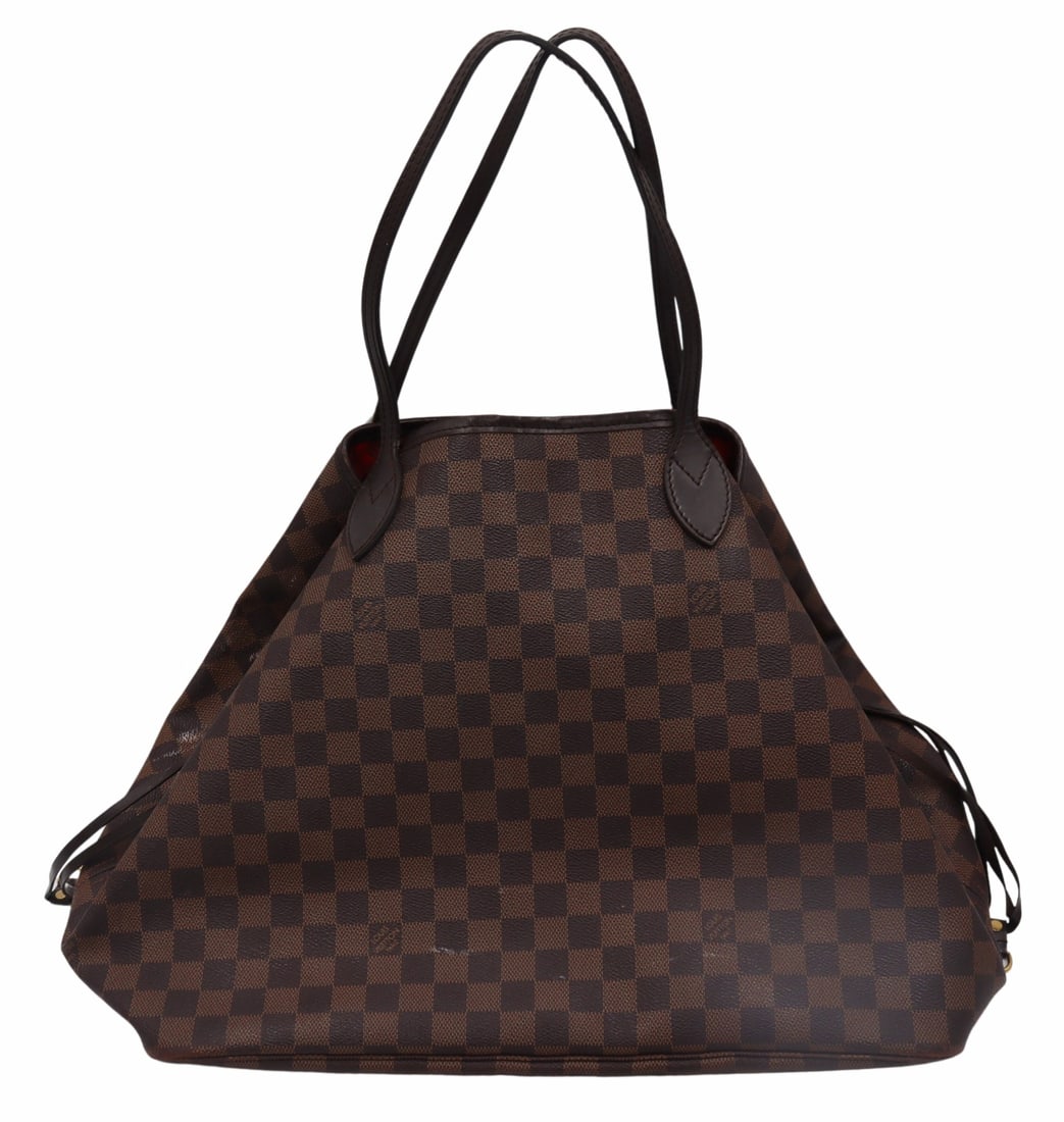 COUTURE. Louis Vuitton Damier Ebene Neverfull Tote: Bag. With red and black striped interior lining. No. SD2192; stamped, "® Louis Vuitton Paris", and a tag inscribed, "made in U.S.A. of imported materials". From a Larchmont, NY
