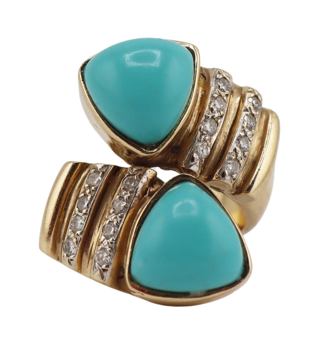 JEWELRY. 13kt Gold Turquoise and Diamond Ring.: 13kt yellow gold bypass style ring displaying (2) (2) triangular form turquoise pendants and bands of pave diamond accents. Total approx. weight of the ring is 12.2 dwt (gross). Ring size - 5 3/4. Fro