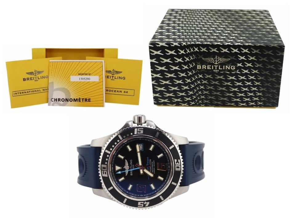 JEWELRY. Breitling Superocean 44 Stainless Watch.: A Breitling Superocean 44 stainless steel automatic watch with box and papers, Ref #: A1739102/BA79. This watch features a 44mm (excluding crown) stainless round watch case with safety valve, unidirec
