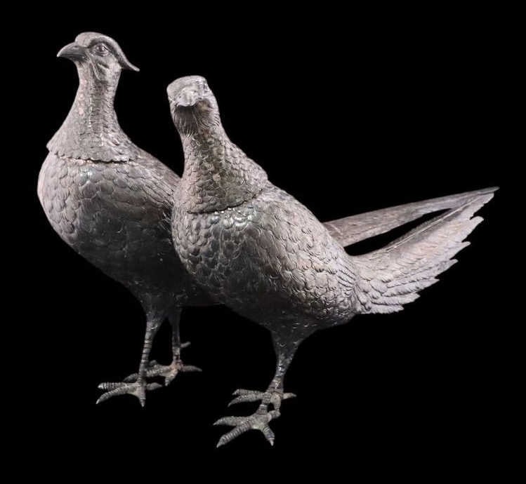 STERLING. Large Pair of Hanau Sterling Pheasants.: Pair of finely executed antique German Hanau sterling silver pheasants by Neresheimer & Sohne, each of substantial size and featuring removable heads. Both are clearly stamped, bearing the sponsor
